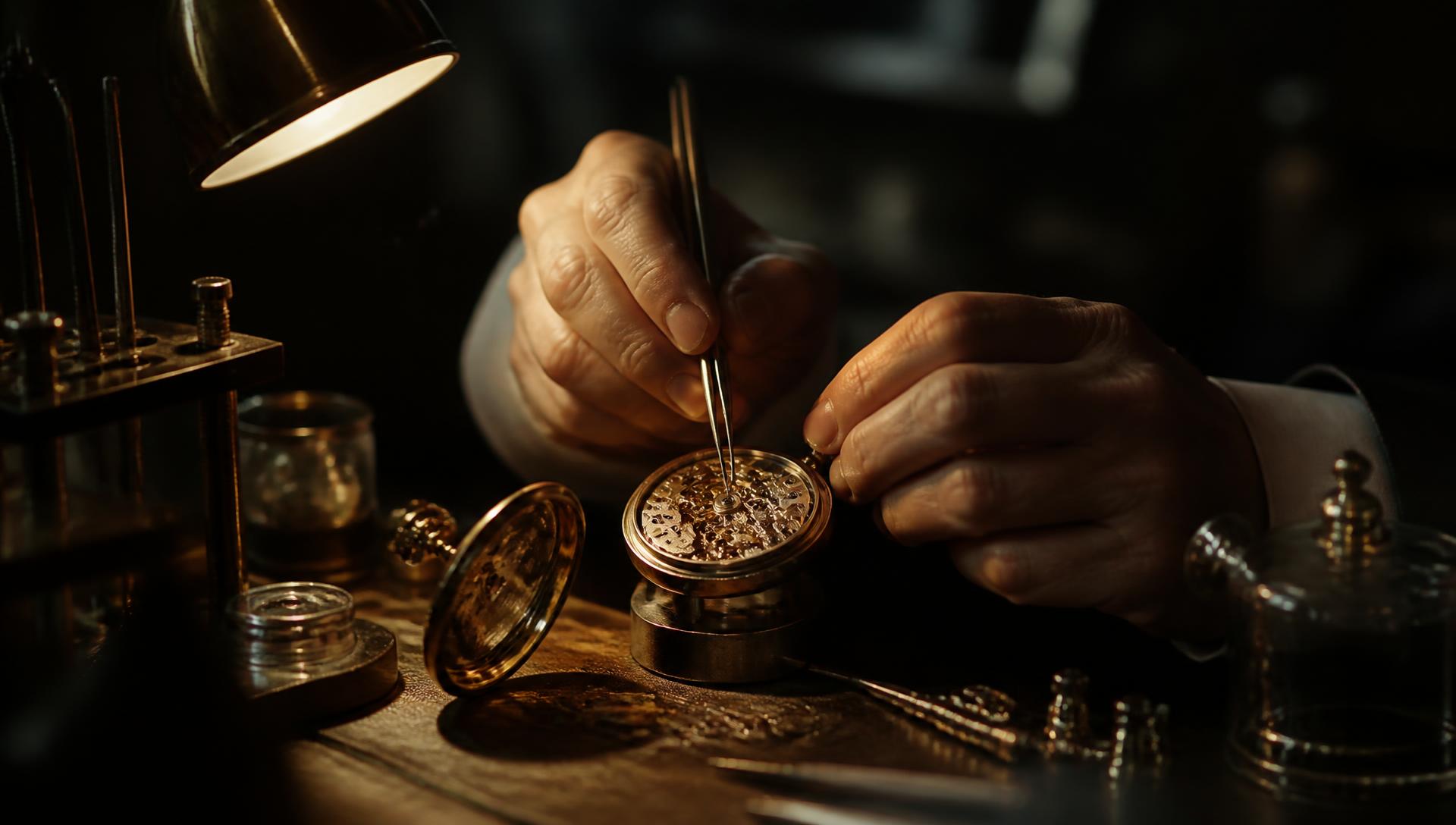 A watchmaker's hands assembling a movement under lamp light
