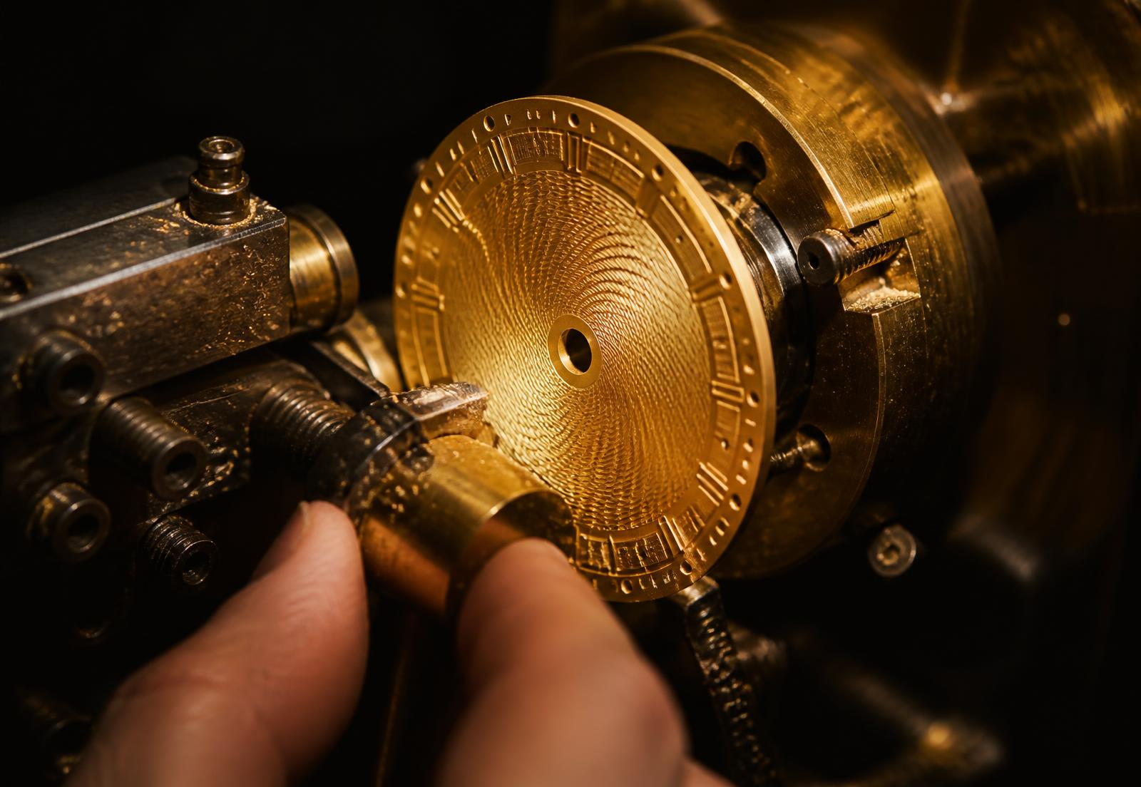 A gold dial being engraved on an antique rose engine lathe