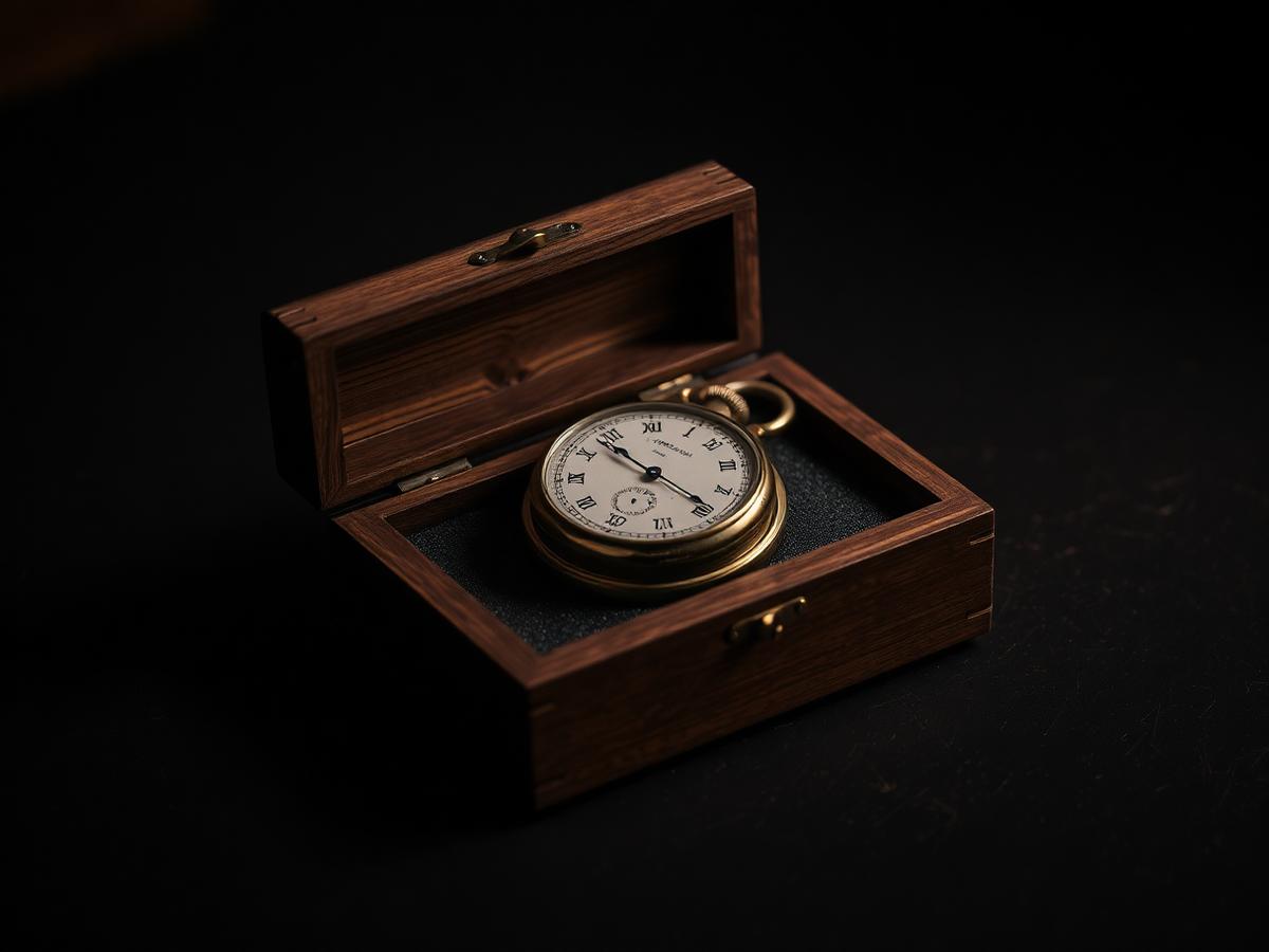 An antique marine chronometer resting in its wooden case