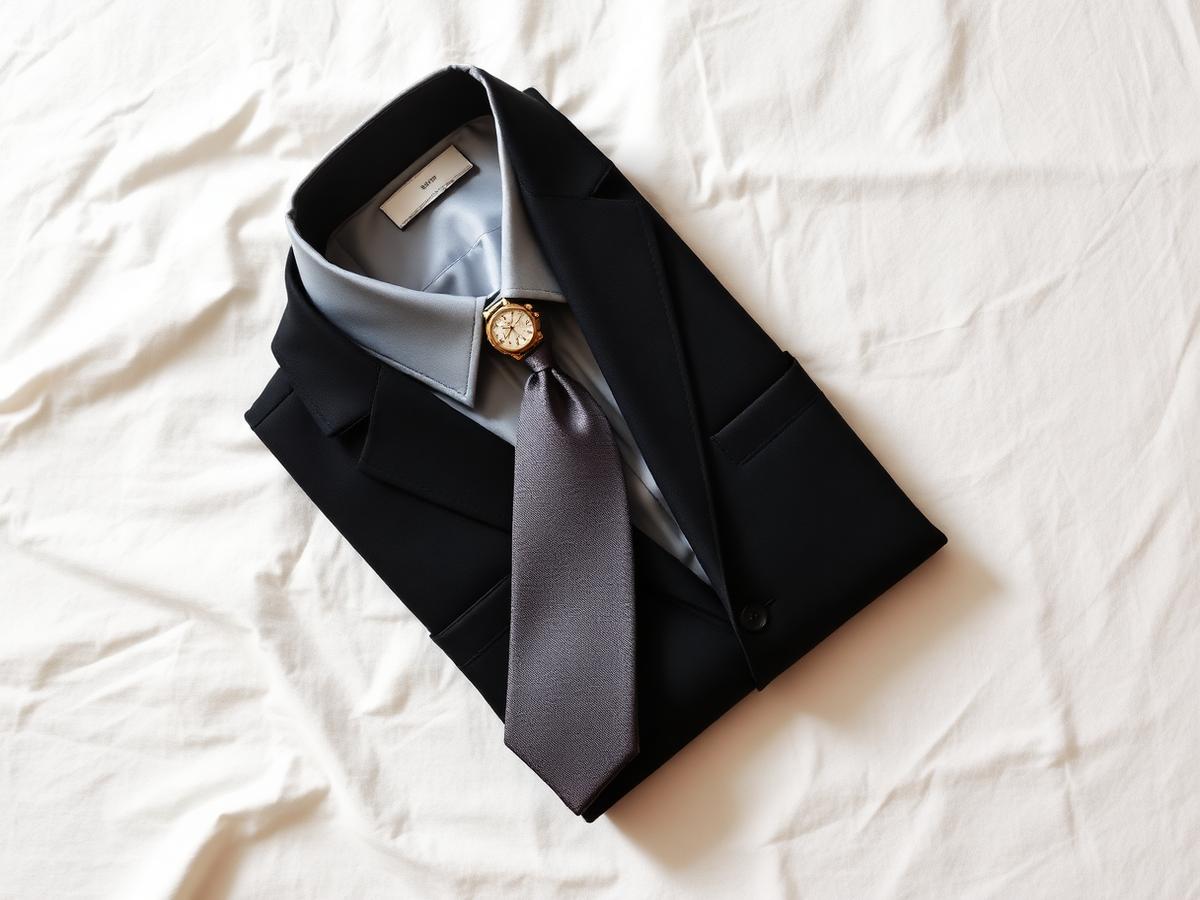 Folded tailoring, a silk tie and a gold watch on ivory linen