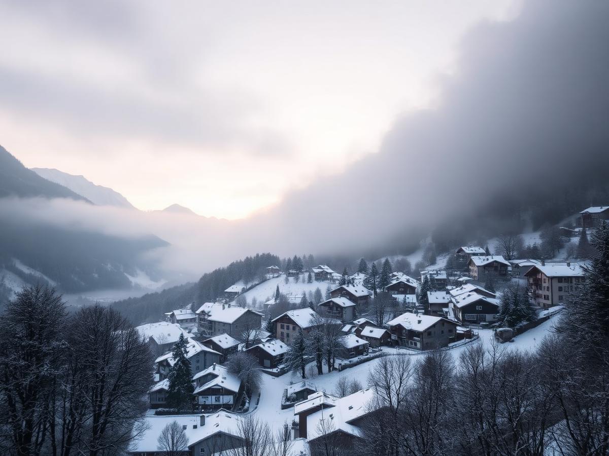 A snow-covered Swiss valley village at dawn