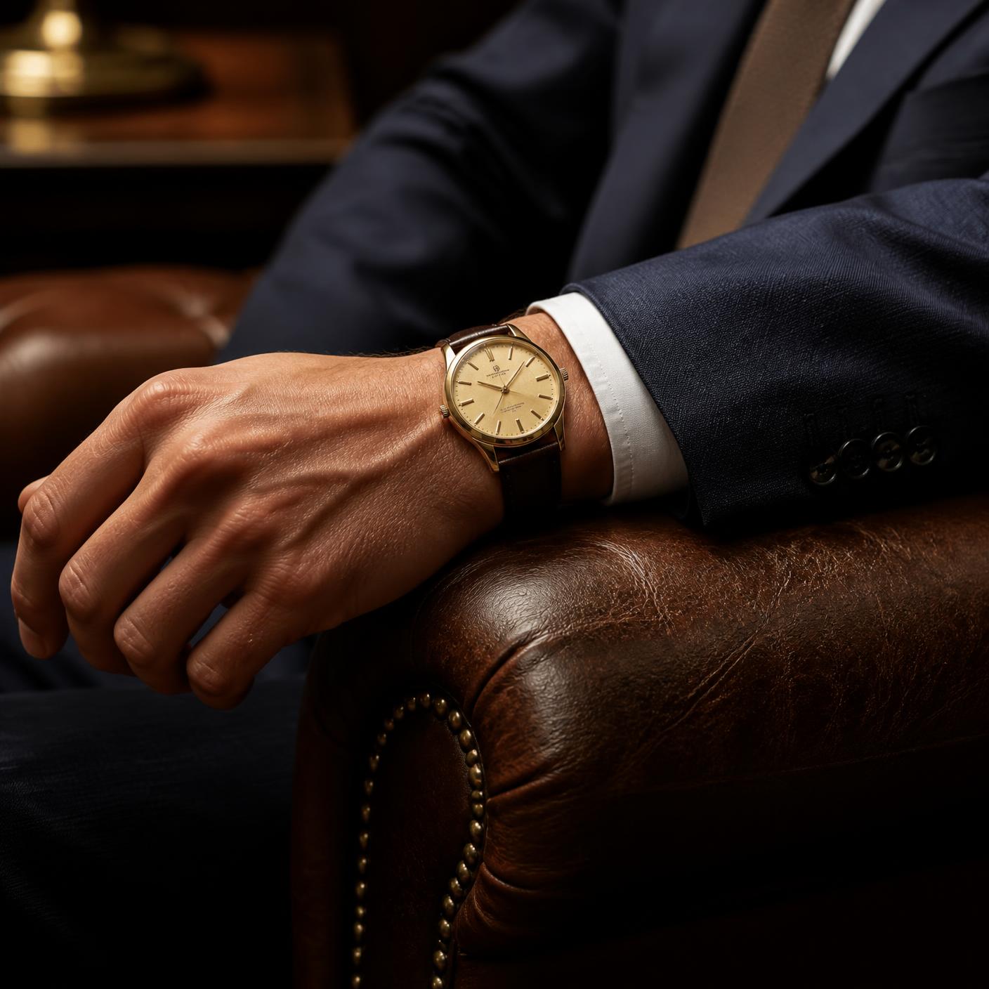 A gold watch worn on the wrist beneath a tailored sleeve