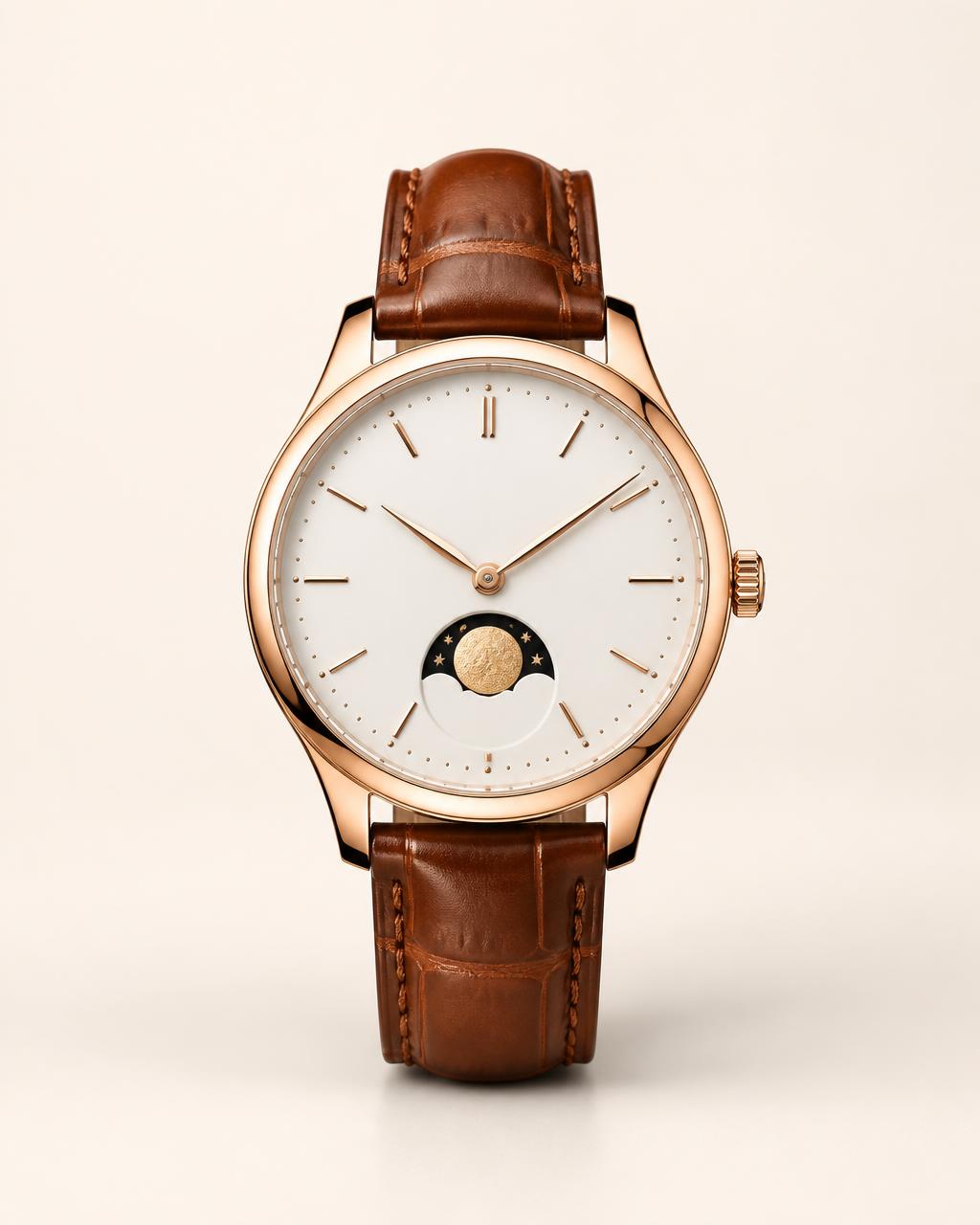 The Solstice, a rose gold moon phase watch with a white enamel dial