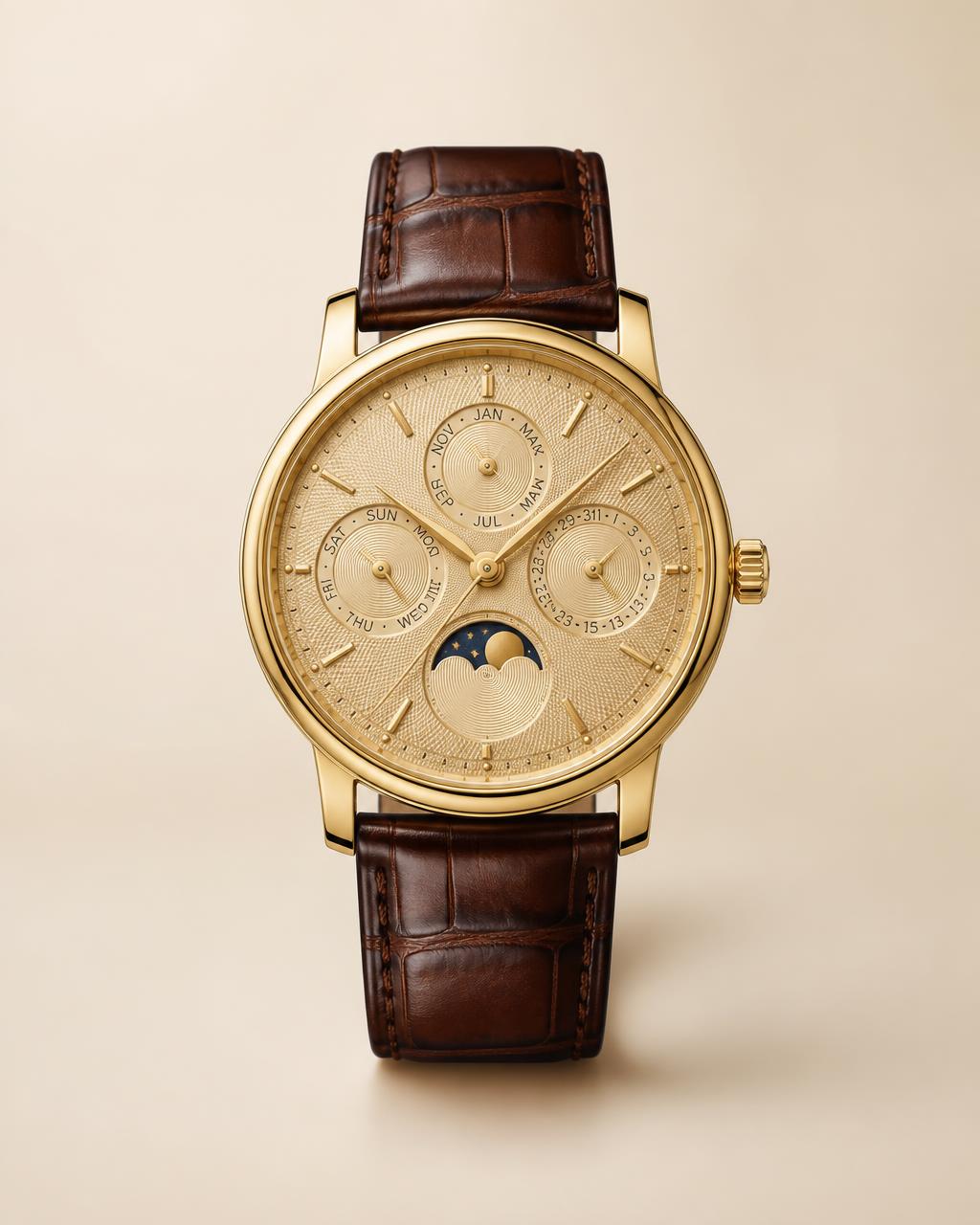 The Sovereign, a gold perpetual calendar watch with a champagne dial