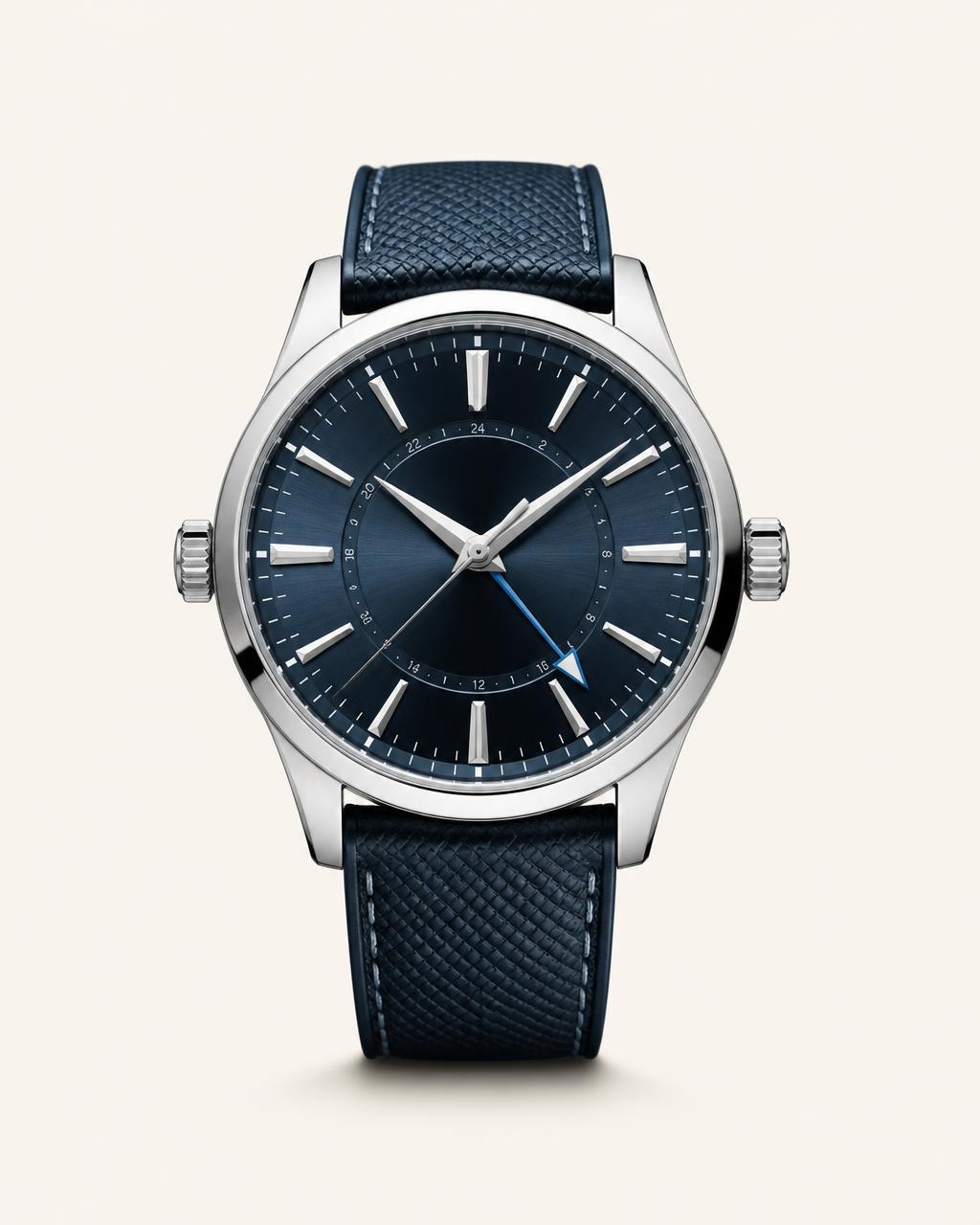 The Voyager, a steel dual time zone watch with a midnight blue dial